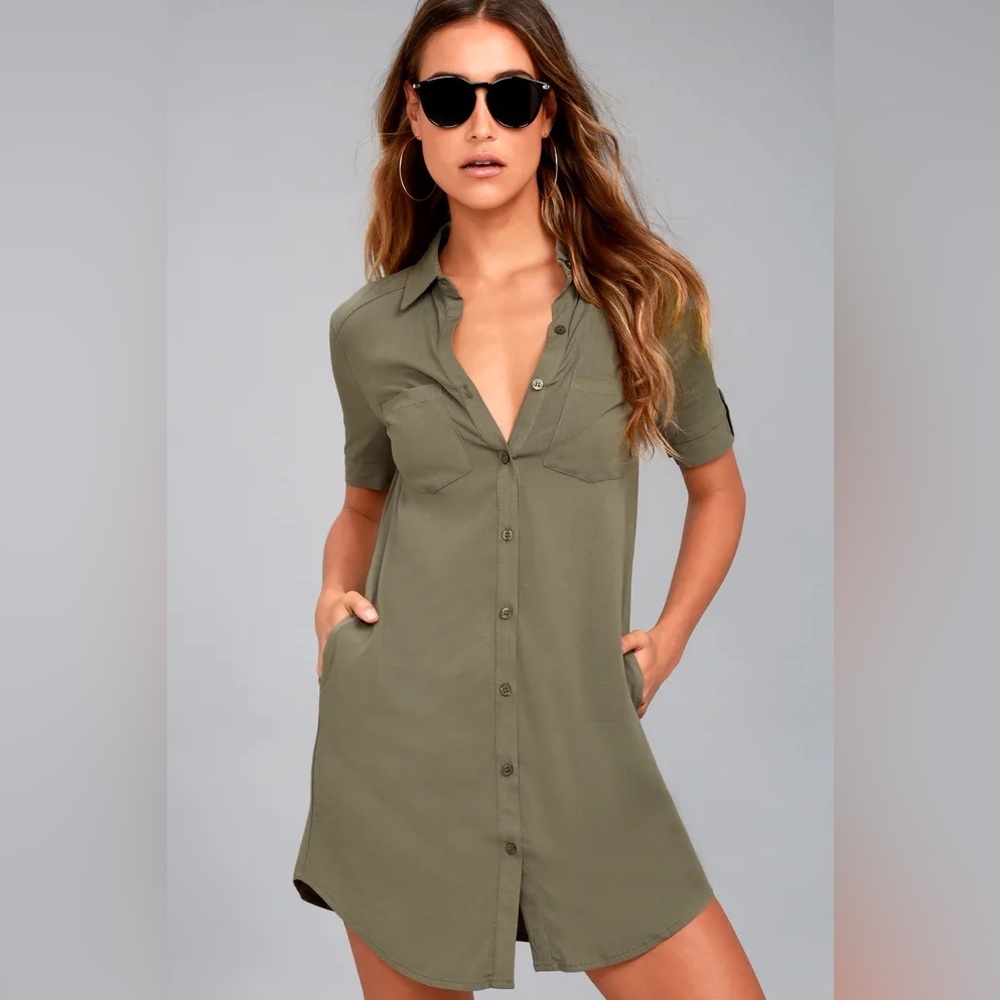 Lulus Oxford Comma Olive Green Shirt Dress - Size Small